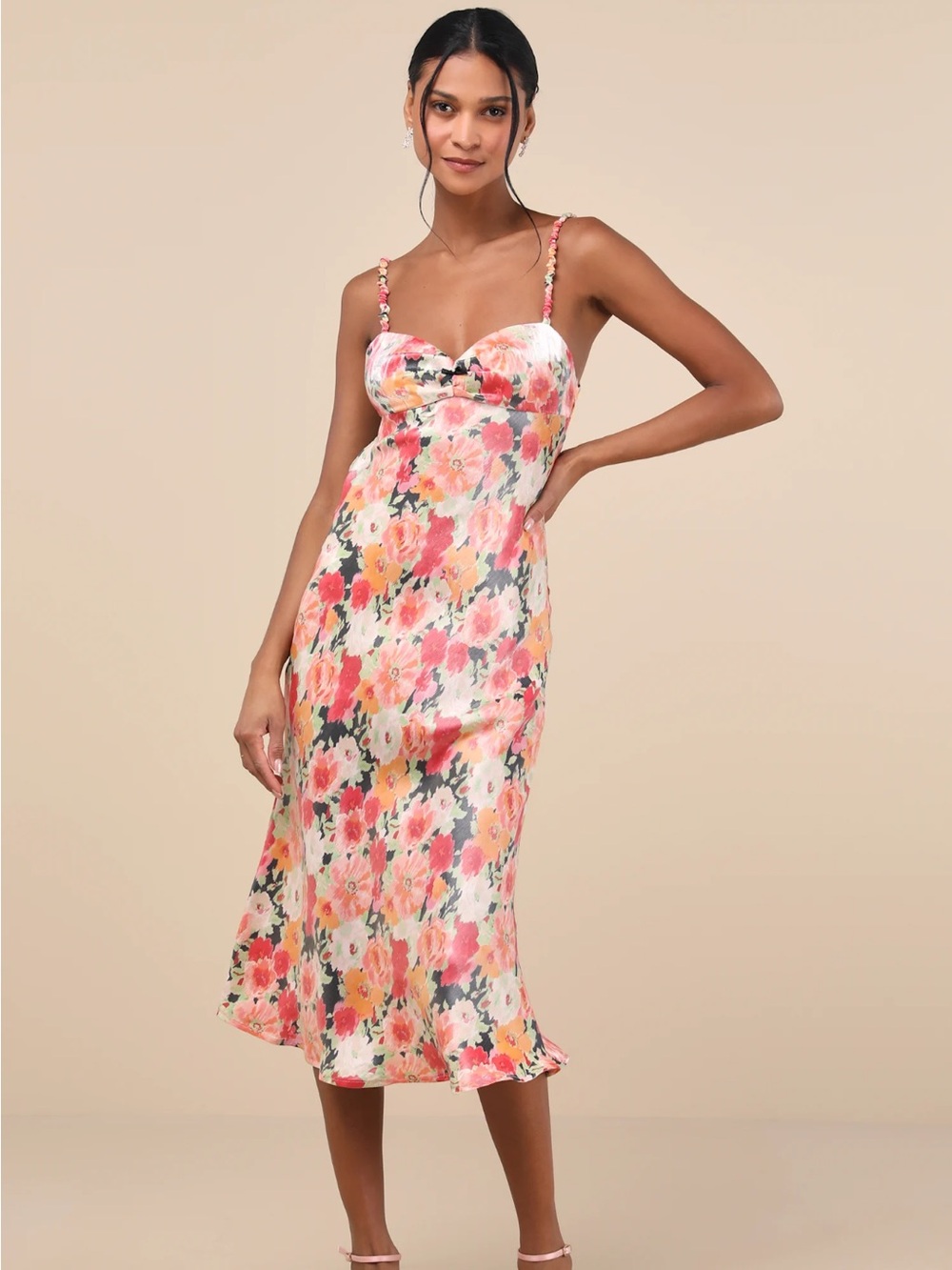 Lulu’s Sensational Spirit Peach Multi Floral Satin Tie-Back Midi Dress